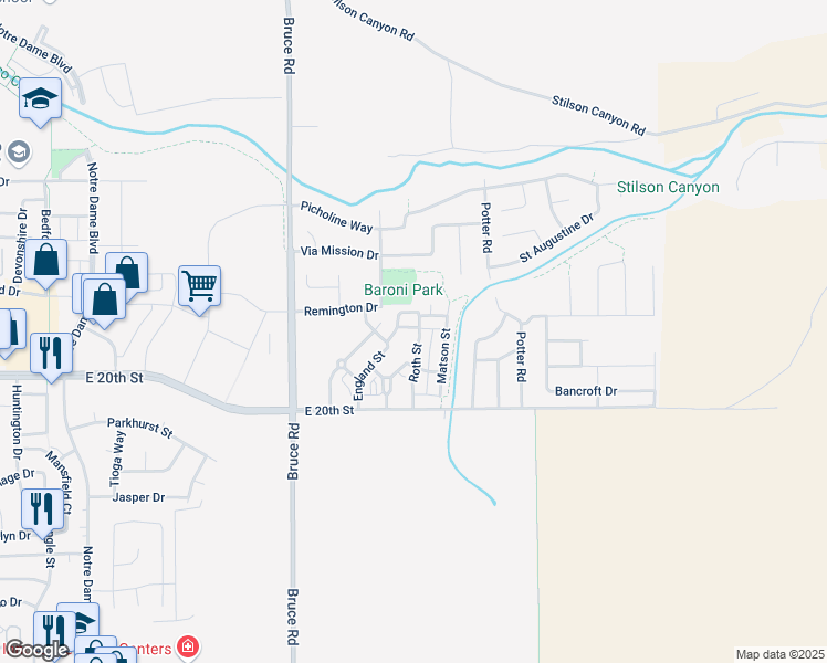 map of restaurants, bars, coffee shops, grocery stores, and more near 2505 England Street in Chico