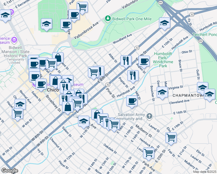 map of restaurants, bars, coffee shops, grocery stores, and more near 676 California 32 in Chico