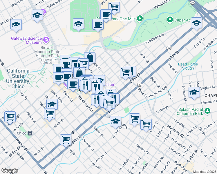 map of restaurants, bars, coffee shops, grocery stores, and more near 608 Orient Street in Chico