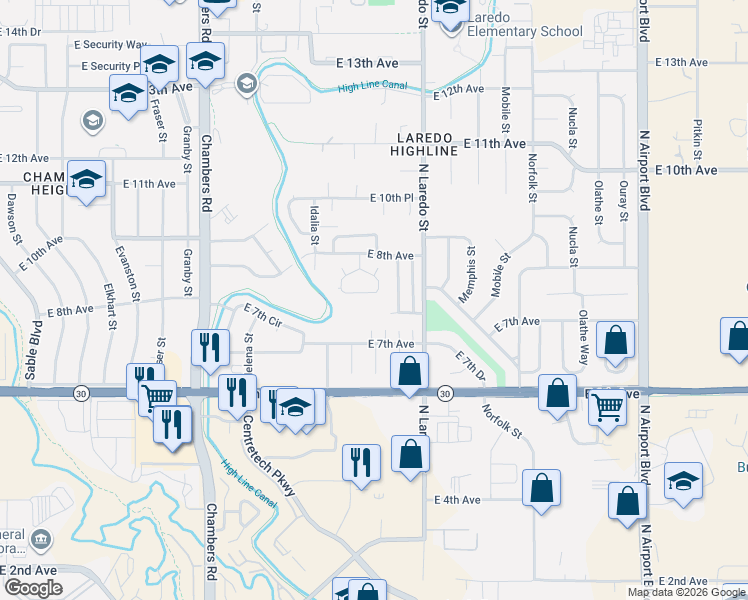 map of restaurants, bars, coffee shops, grocery stores, and more near 739 Kittredge Street in Aurora