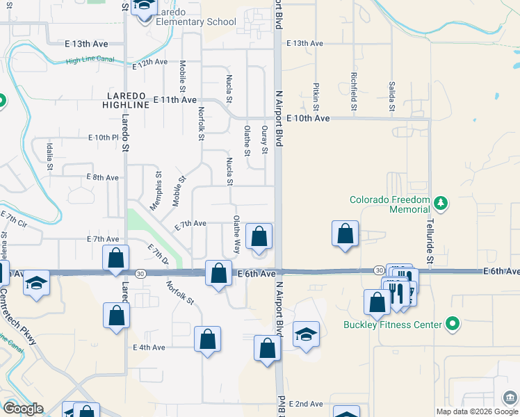 map of restaurants, bars, coffee shops, grocery stores, and more near 16765 East 7th Place in Aurora