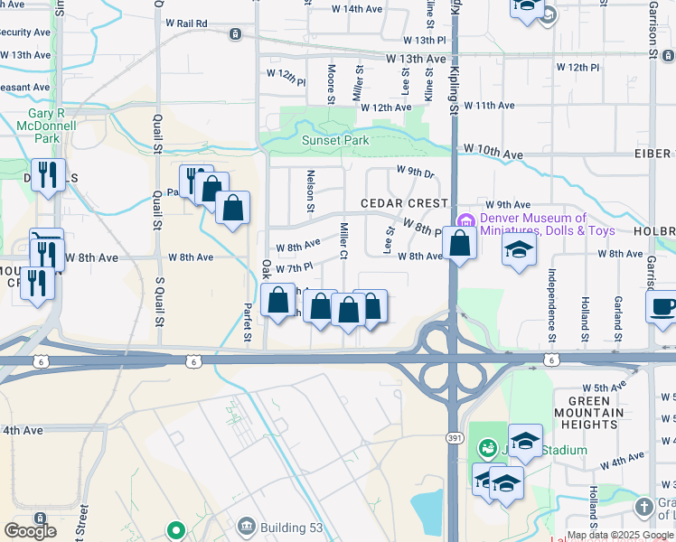 map of restaurants, bars, coffee shops, grocery stores, and more near 733 Miller Court in Lakewood