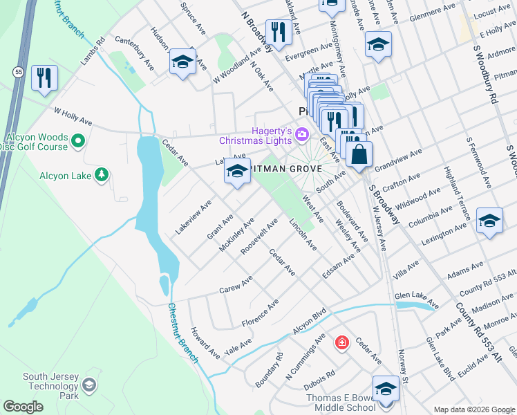 map of restaurants, bars, coffee shops, grocery stores, and more near 318 McKinley Avenue in Pitman