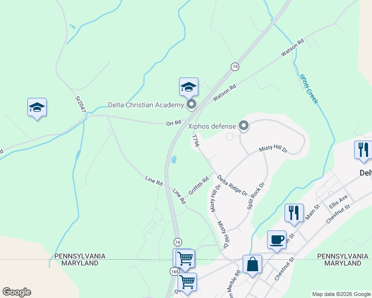 map of restaurants, bars, coffee shops, grocery stores, and more near 100 Griffith Road in Delta
