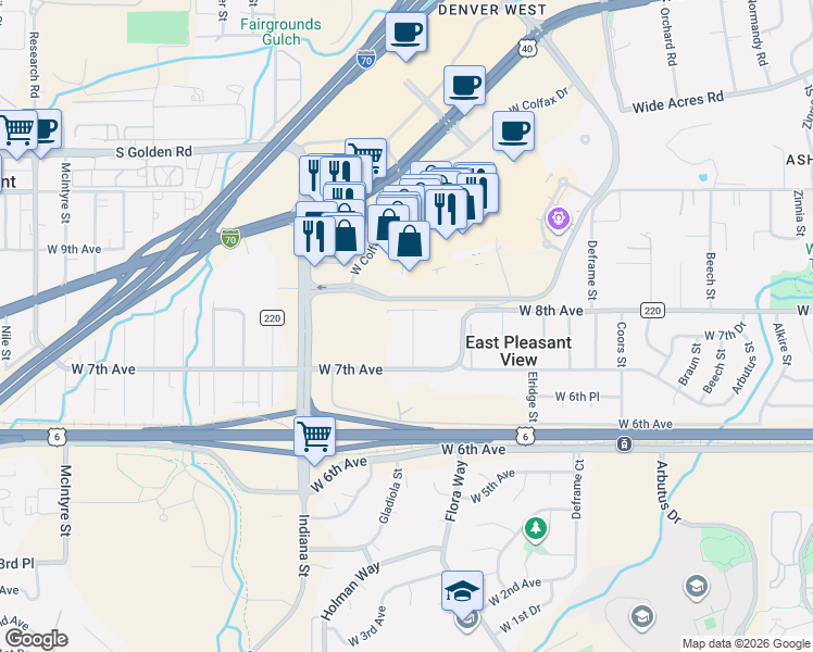 map of restaurants, bars, coffee shops, grocery stores, and more near 14490 West 8th Avenue in Lakewood