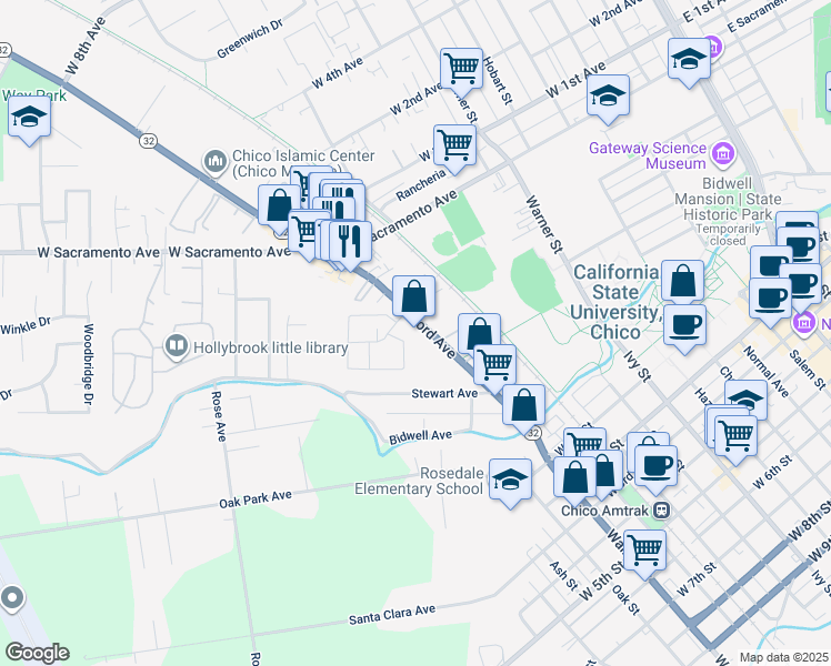 map of restaurants, bars, coffee shops, grocery stores, and more near 641 Nord Avenue in Chico