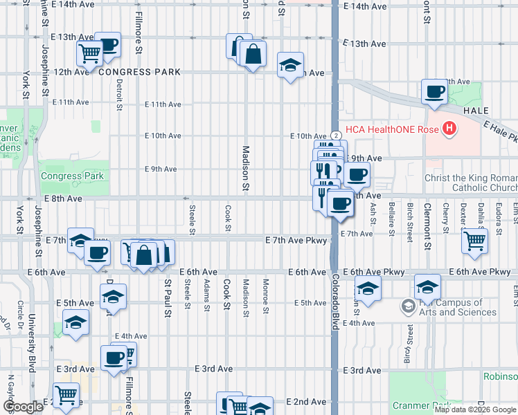 map of restaurants, bars, coffee shops, grocery stores, and more near 790 Madison Street in Denver