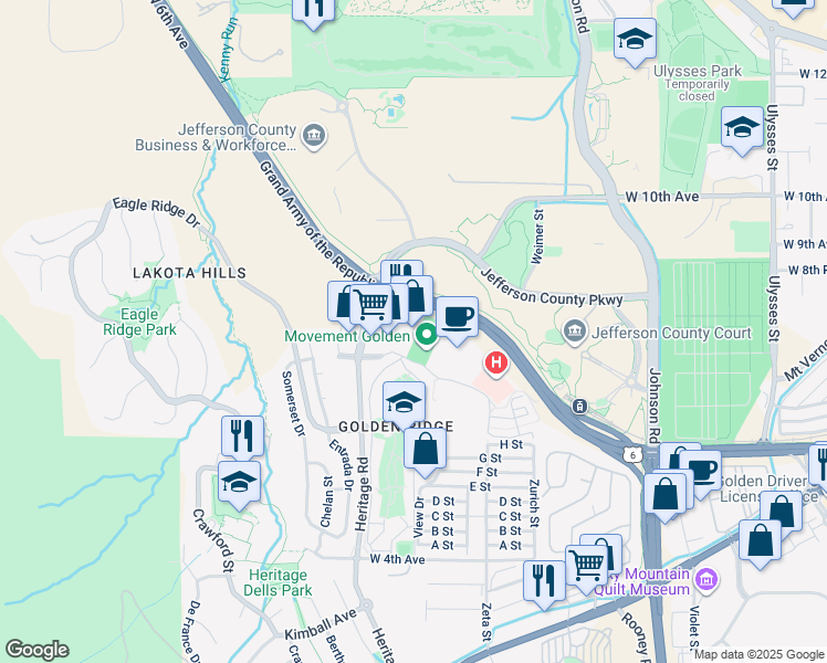 map of restaurants, bars, coffee shops, grocery stores, and more near 770 Heritage Road in Golden
