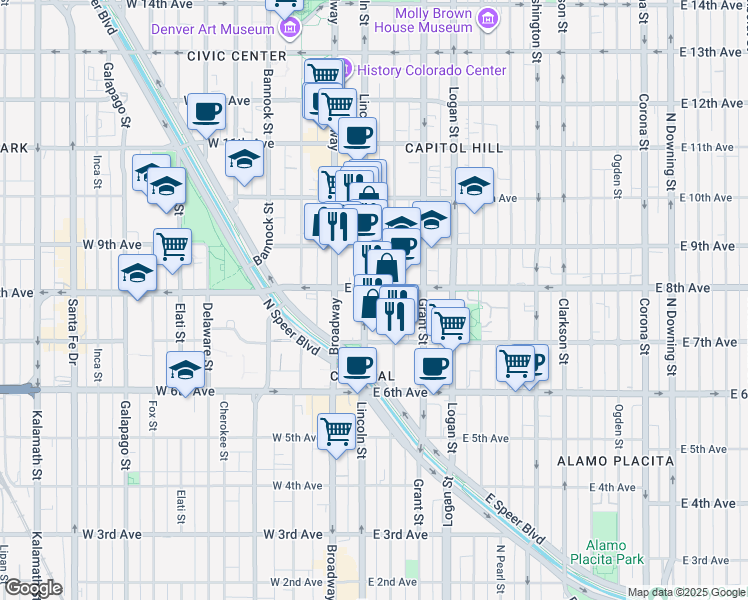 map of restaurants, bars, coffee shops, grocery stores, and more near 29 East 8th Avenue in Denver