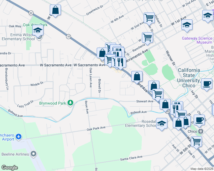 map of restaurants, bars, coffee shops, grocery stores, and more near 23 Carriage Lane in Chico