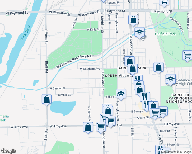 map of restaurants, bars, coffee shops, grocery stores, and more near 38 Bakemeyer Street in Indianapolis