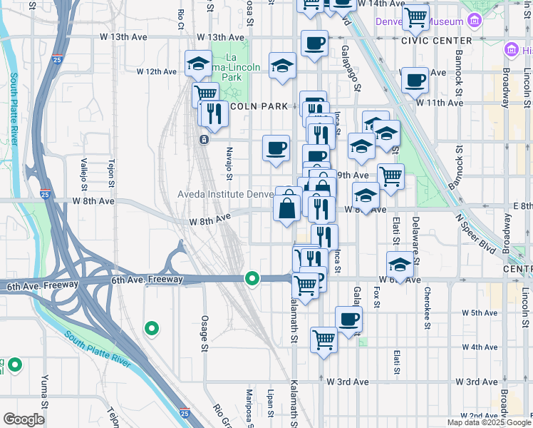 map of restaurants, bars, coffee shops, grocery stores, and more near 1045 West 8th Avenue in Denver