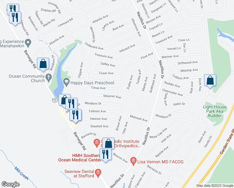 map of restaurants, bars, coffee shops, grocery stores, and more near 1174 Steamer Avenue in Stafford Township