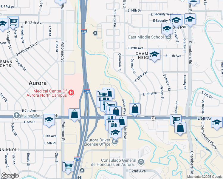 map of restaurants, bars, coffee shops, grocery stores, and more near 777 Dillon Way in Aurora