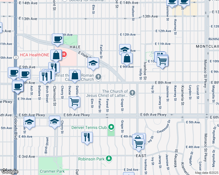 map of restaurants, bars, coffee shops, grocery stores, and more near 791 Glencoe Street in Denver