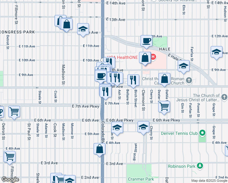 map of restaurants, bars, coffee shops, grocery stores, and more near 4136 East 8th Avenue in Denver