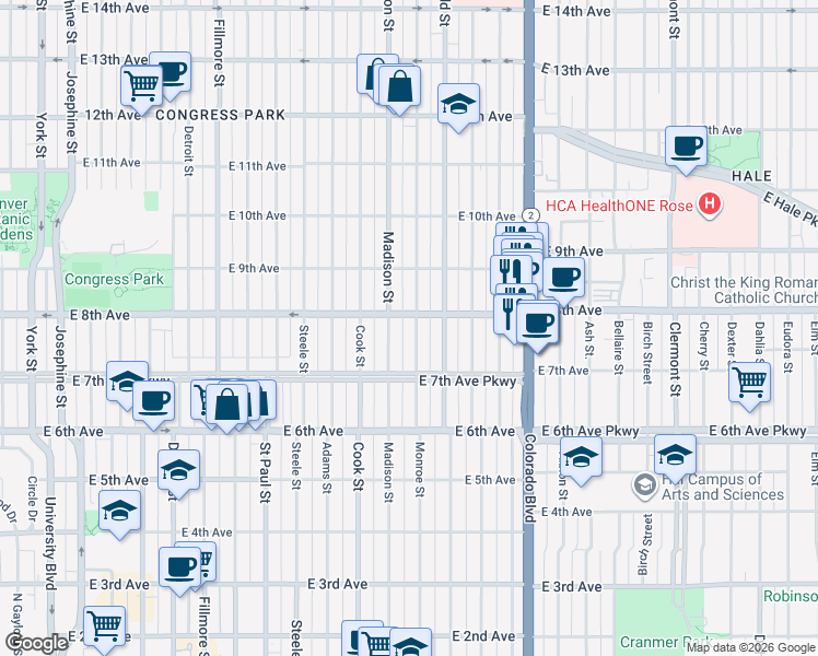 map of restaurants, bars, coffee shops, grocery stores, and more near 790 Madison Street in Denver