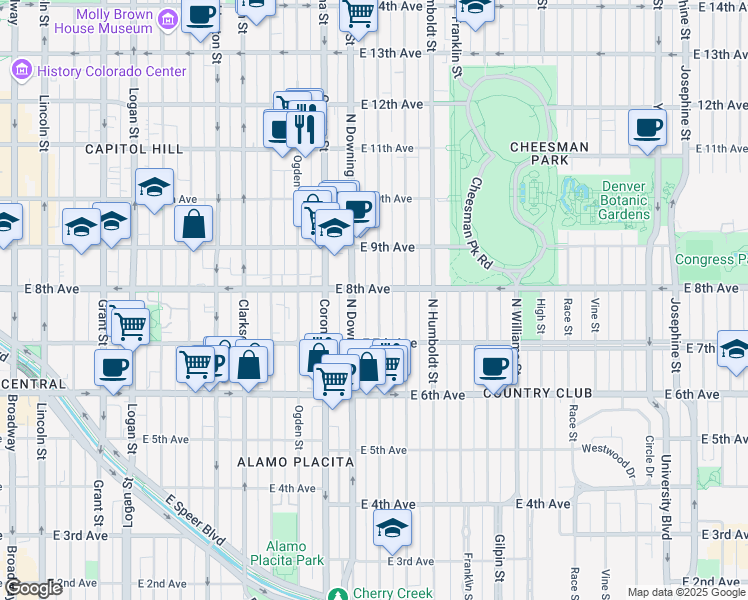map of restaurants, bars, coffee shops, grocery stores, and more near 790 North Marion Street in Denver