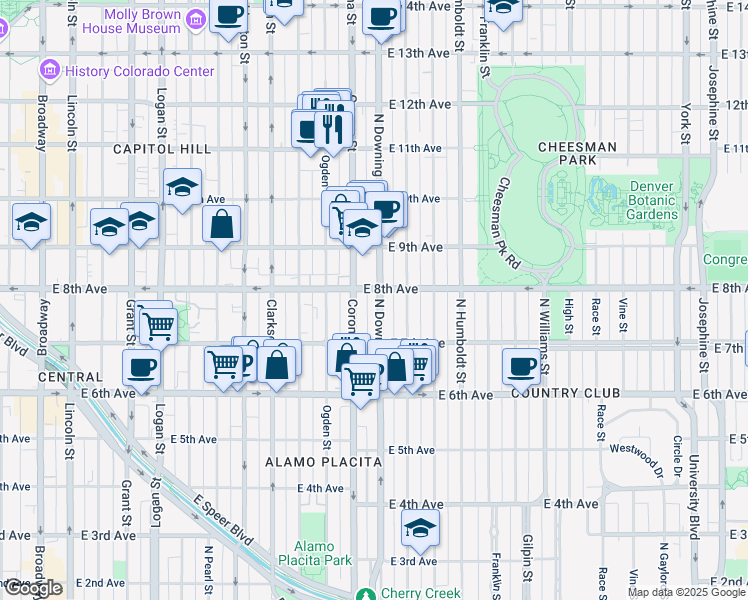 map of restaurants, bars, coffee shops, grocery stores, and more near 1196 East 8th Avenue in Denver