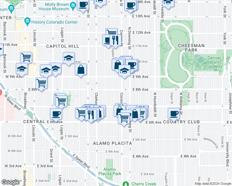 map of restaurants, bars, coffee shops, grocery stores, and more near 787 Corona Street in Denver