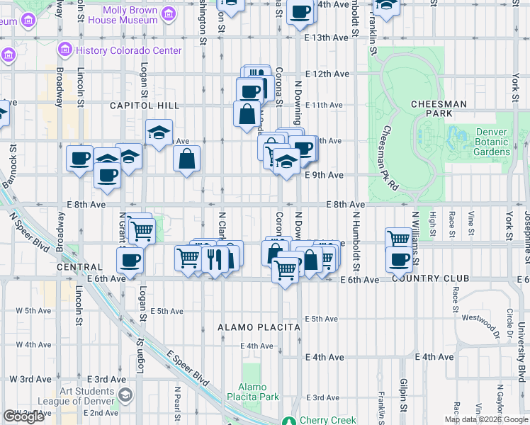 map of restaurants, bars, coffee shops, grocery stores, and more near 787 Corona Street in Denver