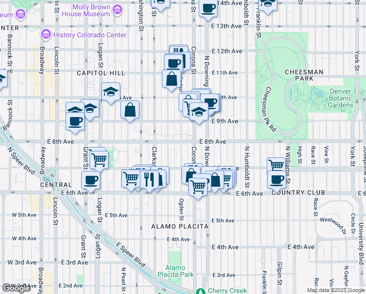map of restaurants, bars, coffee shops, grocery stores, and more near 787 Corona Street in Denver