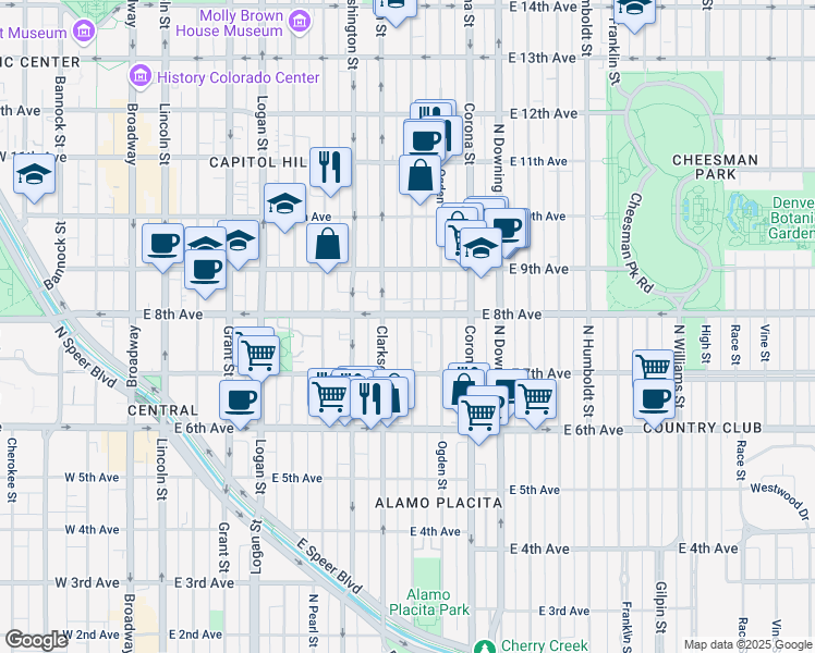 map of restaurants, bars, coffee shops, grocery stores, and more near 900 East 8th Avenue in Denver