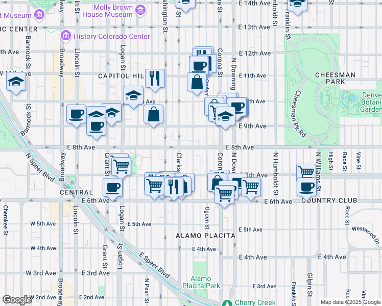 map of restaurants, bars, coffee shops, grocery stores, and more near 777 Emerson Street in Denver