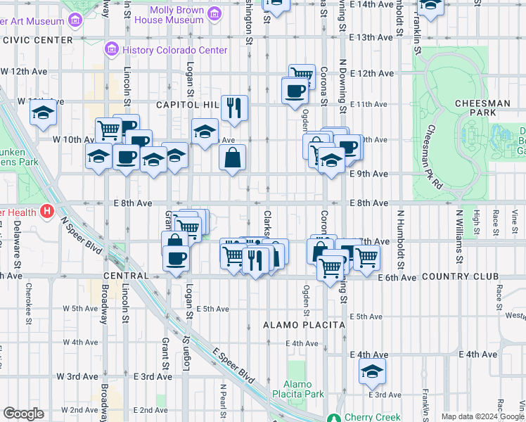 map of restaurants, bars, coffee shops, grocery stores, and more near 790 North Clarkson street in Denver