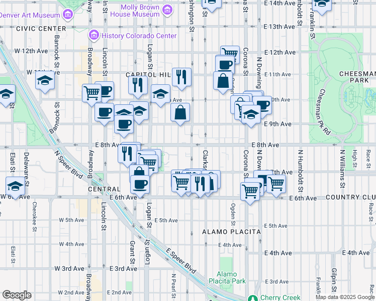 map of restaurants, bars, coffee shops, grocery stores, and more near in Denver