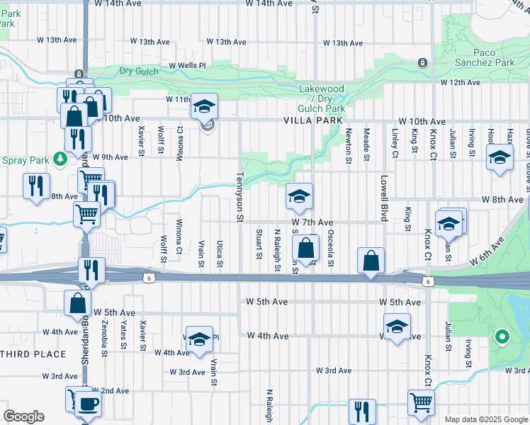 map of restaurants, bars, coffee shops, grocery stores, and more near 735 Raleigh Street in Denver