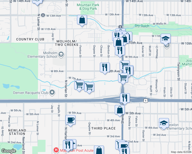 map of restaurants, bars, coffee shops, grocery stores, and more near 5456 West 8th Avenue in Lakewood