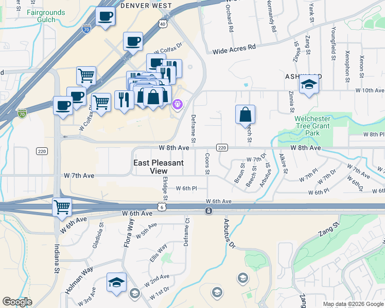 map of restaurants, bars, coffee shops, grocery stores, and more near 13880 West 8th Avenue in Golden