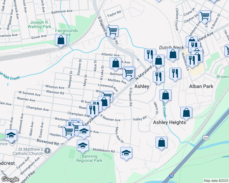 map of restaurants, bars, coffee shops, grocery stores, and more near 3 Lorewood Avenue in Wilmington