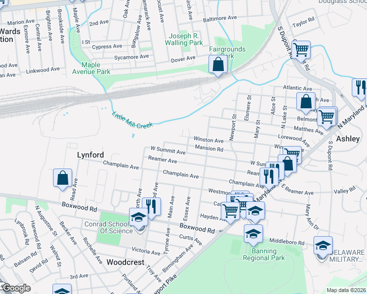 map of restaurants, bars, coffee shops, grocery stores, and more near 415 Mansion Road in Wilmington