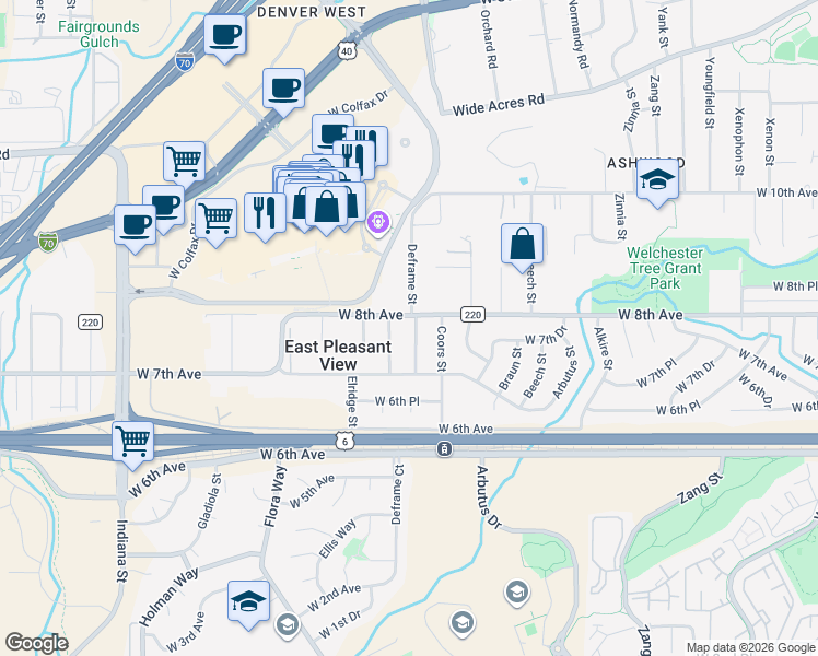 map of restaurants, bars, coffee shops, grocery stores, and more near 13880 West 8th Avenue in Golden