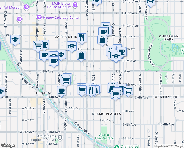 map of restaurants, bars, coffee shops, grocery stores, and more near 790 North Clarkson street in Denver