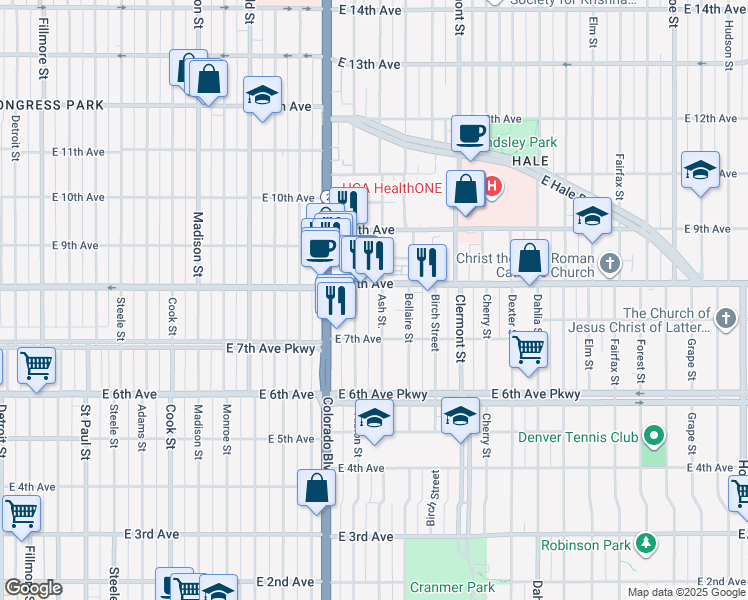 map of restaurants, bars, coffee shops, grocery stores, and more near 777 Ash Street in Denver