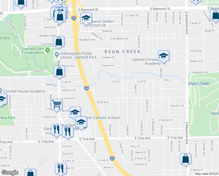 map of restaurants, bars, coffee shops, grocery stores, and more near 1606 Nelson Avenue in Indianapolis