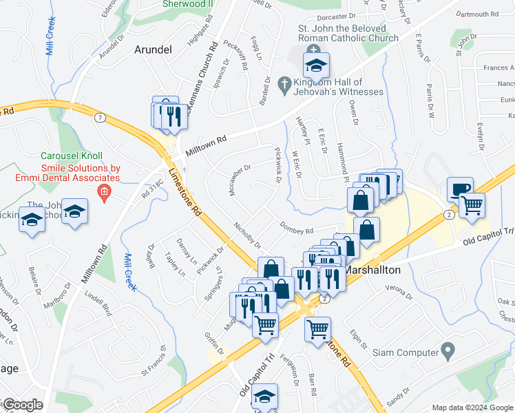 map of restaurants, bars, coffee shops, grocery stores, and more near 4523 Pickwick Drive in Wilmington