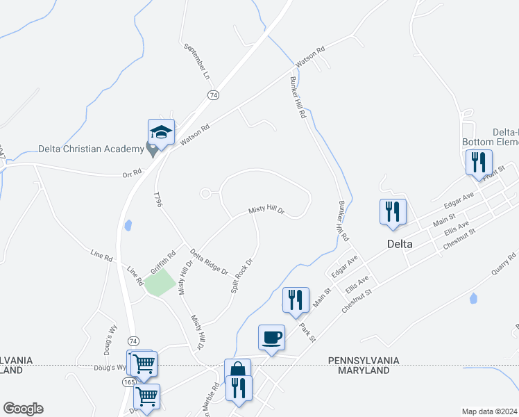 map of restaurants, bars, coffee shops, grocery stores, and more near 625 Misty Hill Drive in Delta