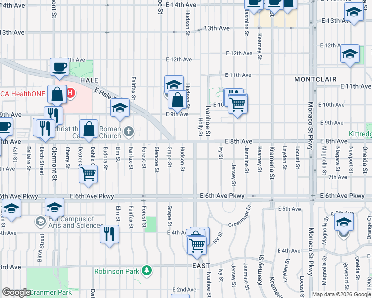 map of restaurants, bars, coffee shops, grocery stores, and more near 796 Hudson Street in Denver