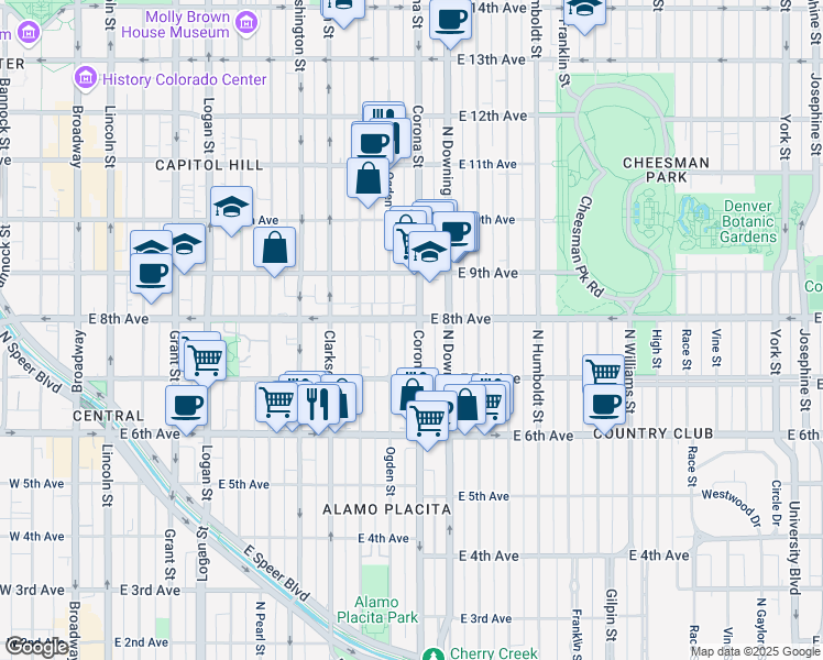 map of restaurants, bars, coffee shops, grocery stores, and more near 787 Corona Street in Denver