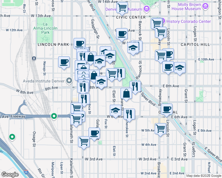 map of restaurants, bars, coffee shops, grocery stores, and more near 512 West 8th Avenue in Denver