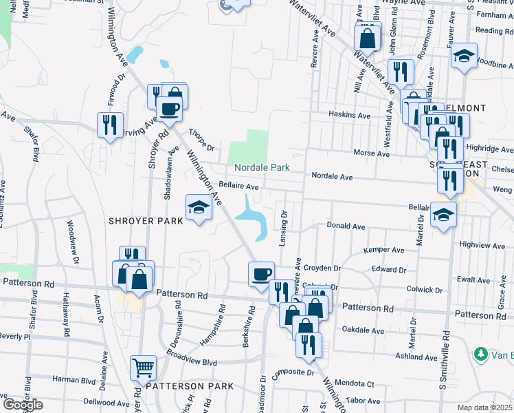map of restaurants, bars, coffee shops, grocery stores, and more near 144 Bellaire Avenue in Dayton