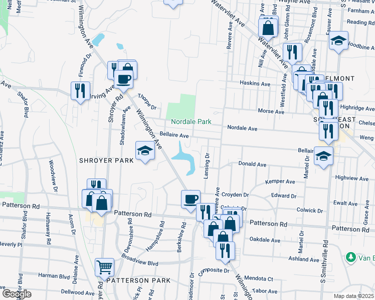 map of restaurants, bars, coffee shops, grocery stores, and more near 144 Bellaire Avenue in Dayton