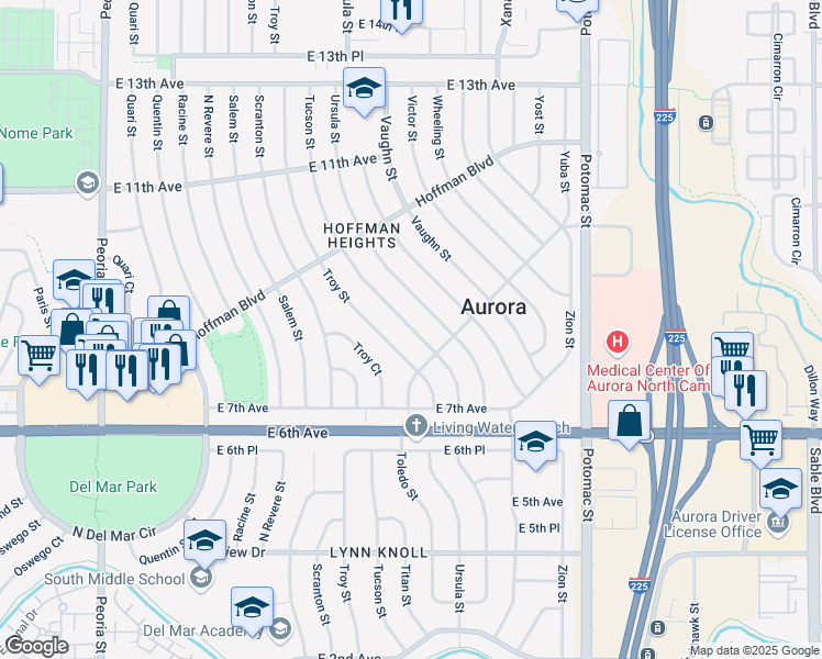 map of restaurants, bars, coffee shops, grocery stores, and more near 845 Tucson Street in Aurora
