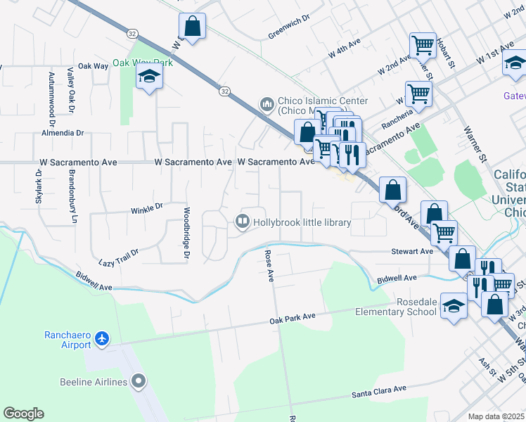 map of restaurants, bars, coffee shops, grocery stores, and more near 165 Fairgate Lane in Chico