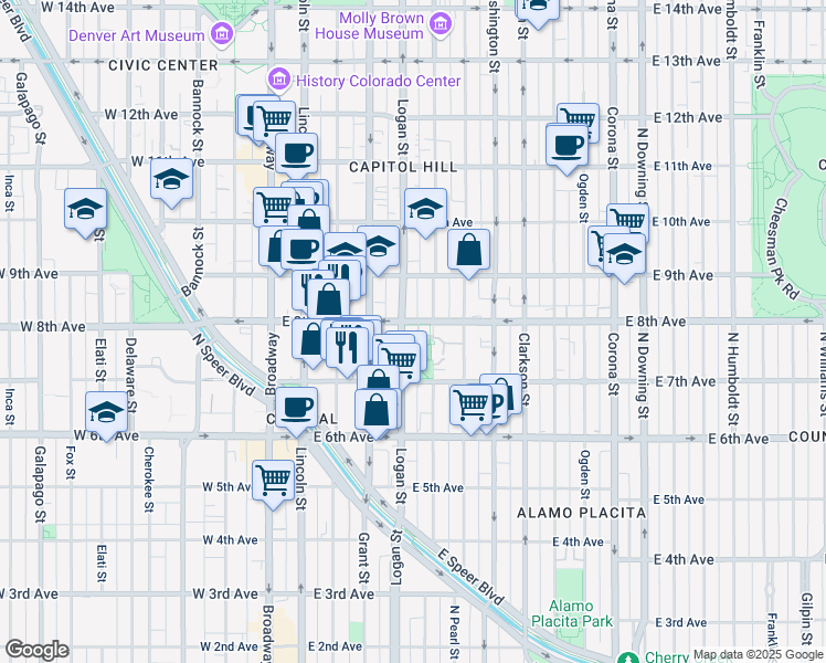 map of restaurants, bars, coffee shops, grocery stores, and more near 400 East 8th Avenue in Denver