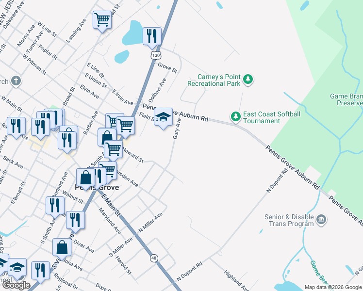 map of restaurants, bars, coffee shops, grocery stores, and more near 150 Penns Grove Auburn Road in Penns Grove